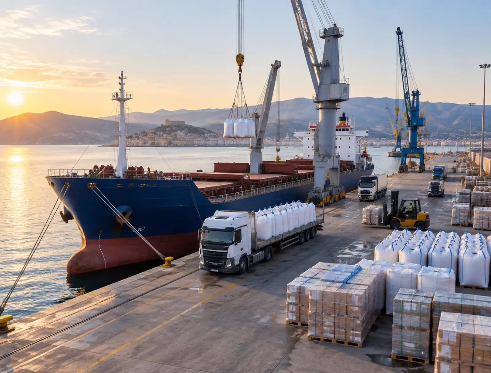 Palletised wood pellet cargo being loaded at a port